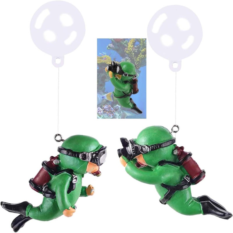 Wonfly 2-Pack Tank Decorations, Cute Little Diver, Aquarium Decoration Accessories Ornaments with Float Ball, Playmate for Tank Suitable for All Kinds of Fish and Tanks (Green) - Image 1